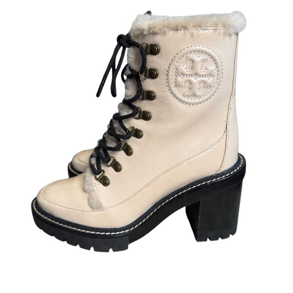 TORY BURCH Miller 95mm Shearling Lug Sole Bootie Boots 6 Beige Brie Leather S5